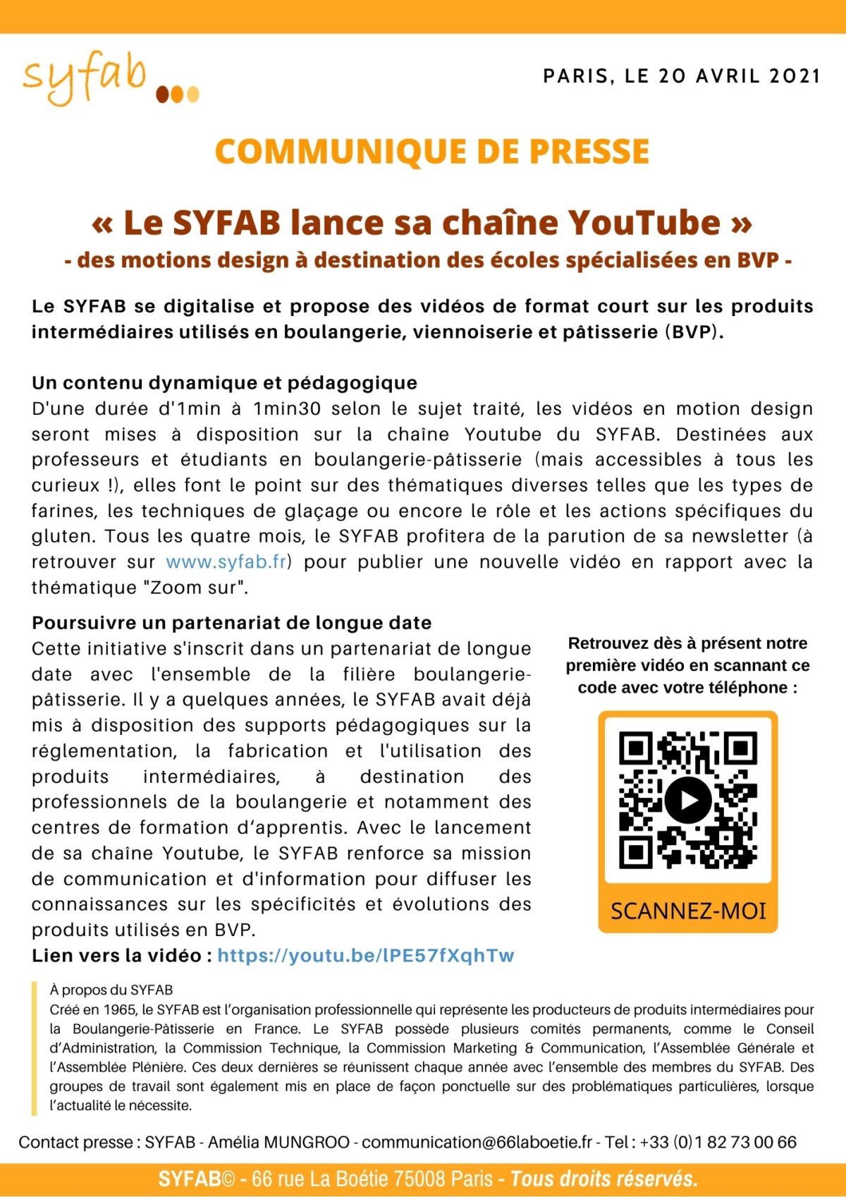 [COMMUNIQUE DE PRESSE] – Le SYFAB lance sa chaîne YouTube – des motions design à destination des écoles spécialisées en BVP (Boulangerie Viennoiserie Pâtisserie).